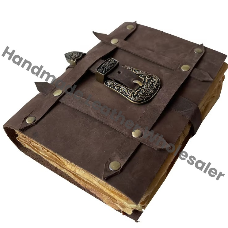Handmade Printed Vintage Leather Journal with Buckle Soft Eco-friendly Notebook Sketchbook Diary Personalized Planner Gift