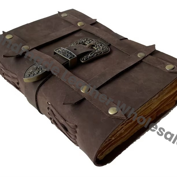 Handmade Printed Vintage Leather Journal with Buckle Soft Eco-friendly Notebook Sketchbook Diary Personalized Planner Gift