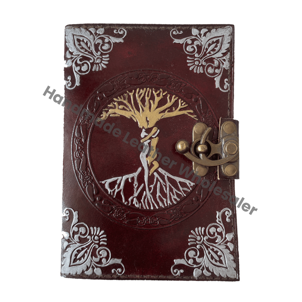 Handmade Recyclable Deckle Edge Paper Mother Earth Leather Journal Address Book Tree Life Antique Embossed Bound Daily Gift