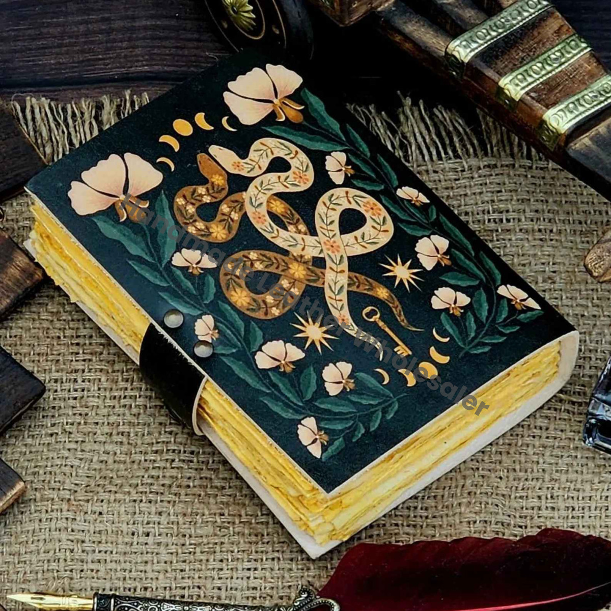 Handmade Serpentine Leather Grimoire Book of Shadows with Lock Witchcraft Journal Spell Book Wiccan Notebook