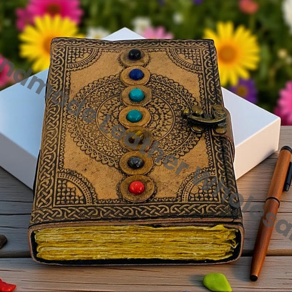 Handmade Seven Chakra Stone Leather Journal – Antique Deckle Edge Paper