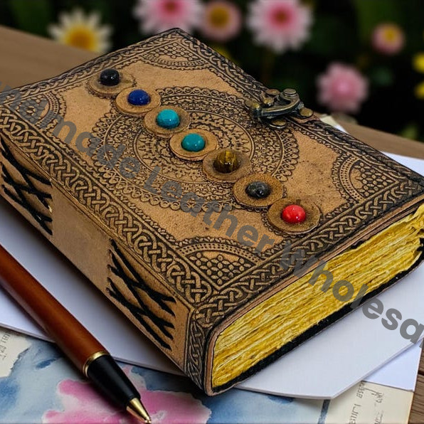 Handmade Seven Chakra Stone Leather Journal – Antique Deckle Edge Paper