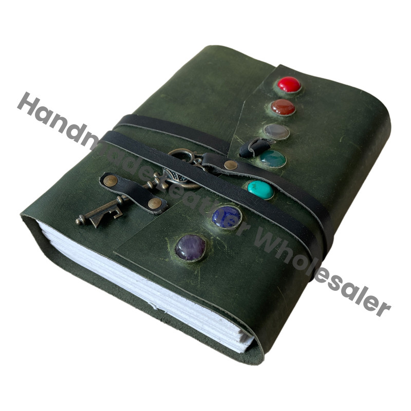 Handmade Seven Stone Green Leather Journal Cotton Paper Hard Bound Writing Gift Women Sketchbook Drawing Notebook Traveler Diary