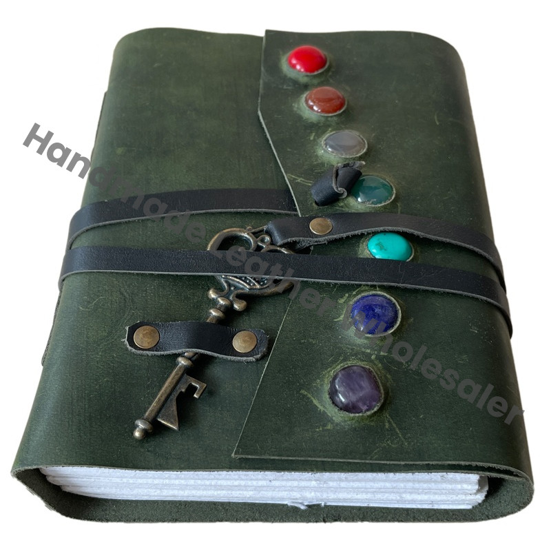 Handmade Seven Stone Green Leather Journal Cotton Paper Hard Bound Writing Gift Women Sketchbook Drawing Notebook Traveler Diary