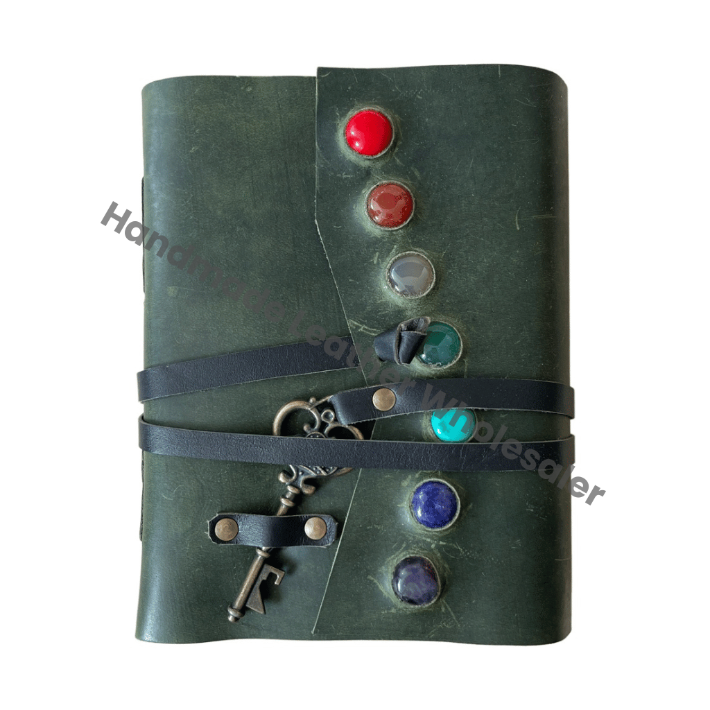 Handmade Seven Stone Green Leather Journal Cotton Paper Hard Bound Writing Gift Women Sketchbook Drawing Notebook Traveler Diary