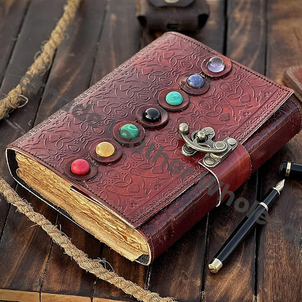 Handmade Seven Stone Leather Journal, Embossed Book of Shadows