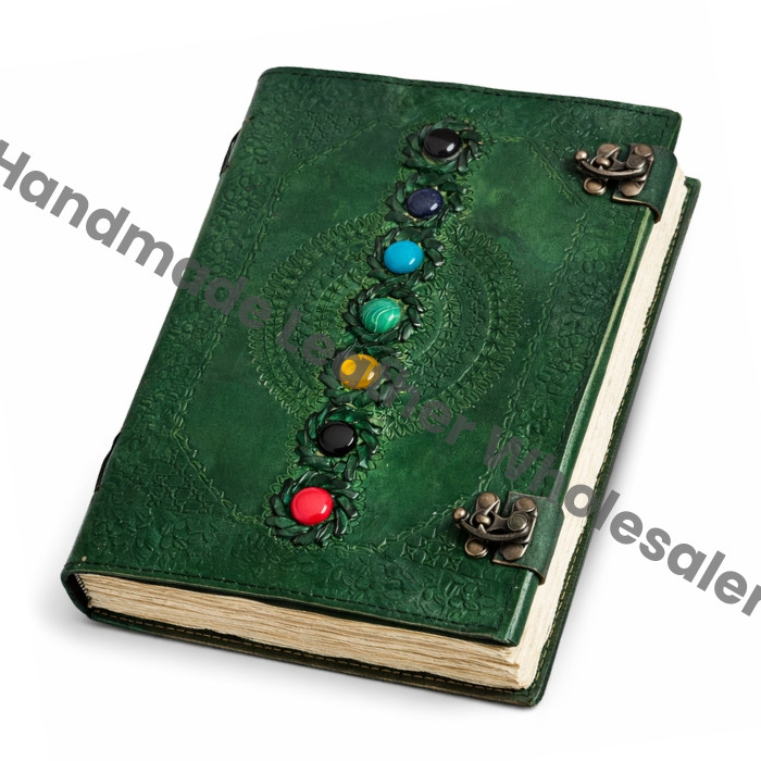 Handmade Seven Stone Leather Journal: Embossed Chakra Book of Shadows