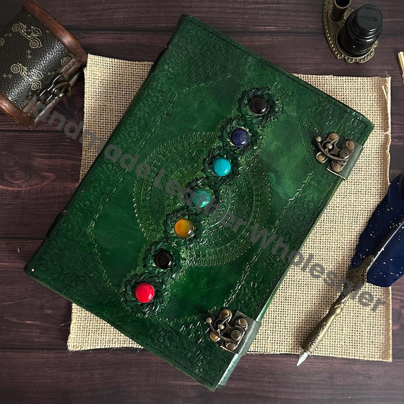 Handmade Seven Stone Leather Journal: Embossed Chakra Book of Shadows