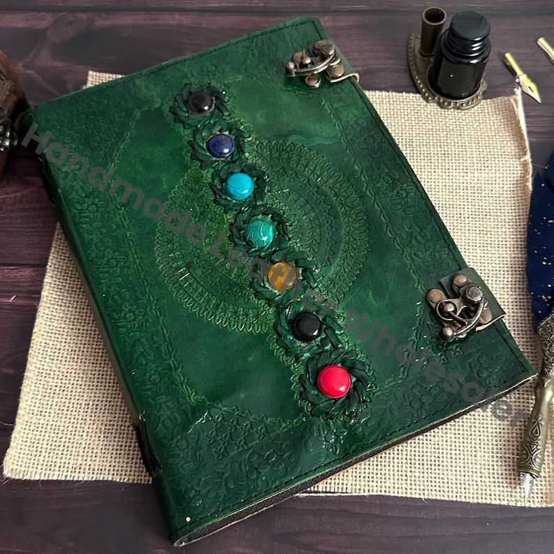 Handmade Seven Stone Leather Journal: Embossed Chakra Book of Shadows