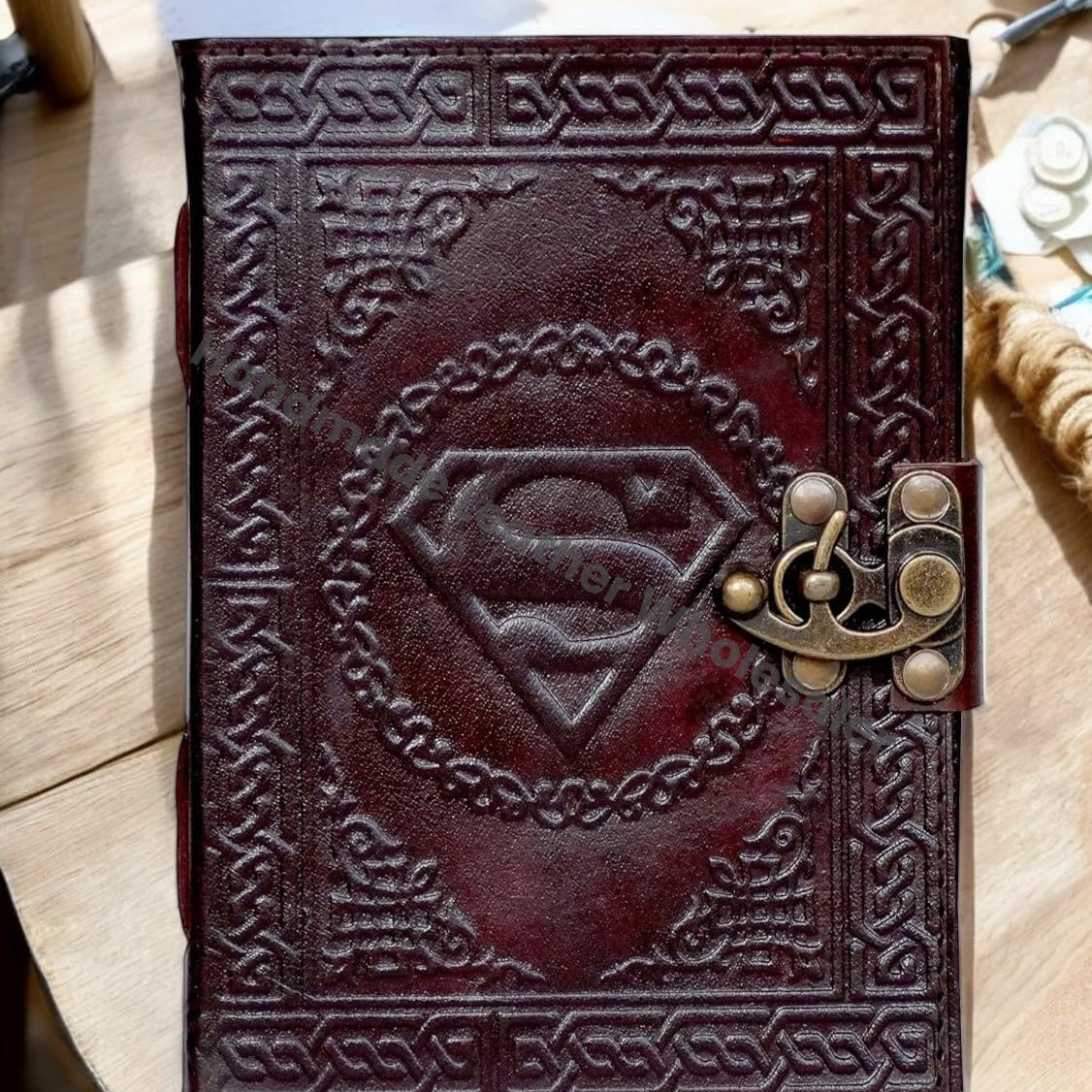 Handmade Superman Sign Embossed Leather Journal Notebook Unlined Paper, Brown Diary Notepad Gift Travel Notebook Journal , Sister Mom Gifts For Her College Gifts , Gratitude Present Unique Gifts, Graduation Gifts , Novelty Gifts , Birthday Gifts