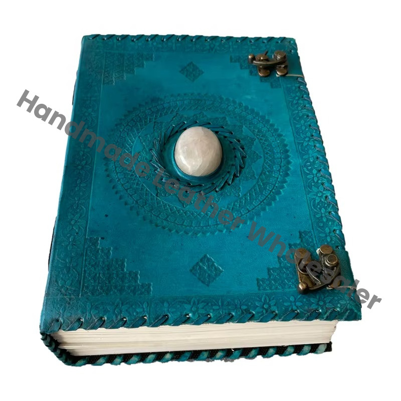 Handmade Vintage Antique Blue Leather Journal Stone Travel Regular Hand Design Sketchbook Planner Spell Wiccan Bound Planner
