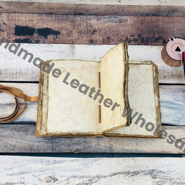 Handmade Vintage Leather Journal: Blue Floral Spell Book with Deckle Edge Paper