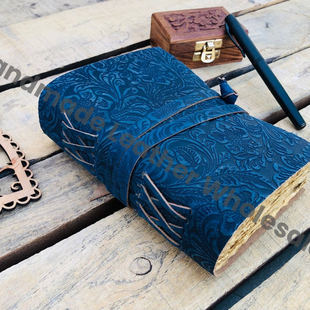 Handmade Vintage Leather Journal: Blue Floral Spell Book with Deckle Edge Paper