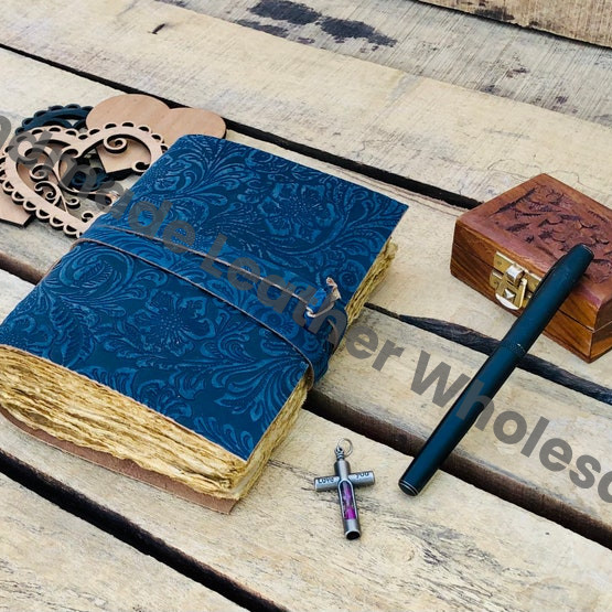 Handmade Vintage Leather Journal: Blue Floral Spell Book with Deckle Edge Paper