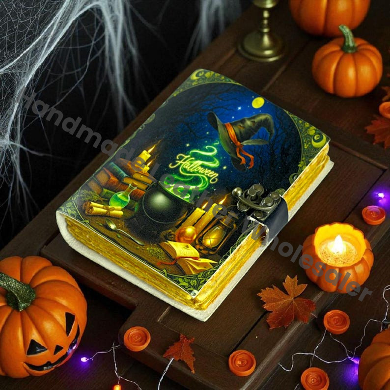 Handmade Witch Cauldron Grimoire with Lock: Halloween Spell Book Journal