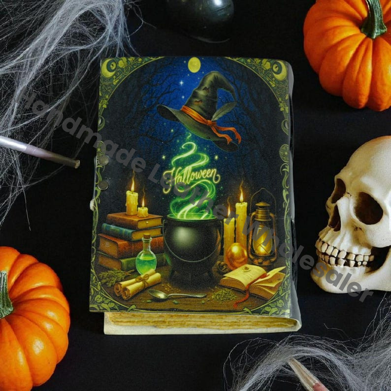 Handmade Witch Cauldron Grimoire with Lock: Halloween Spell Book Journal