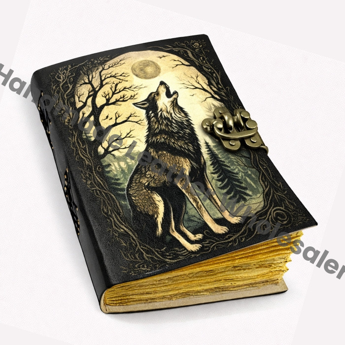 Handmade Wolf Leather Journal | Vintage Grimoire Notebook | Celtic Wolf Moon Journal | Gothic Spell Book | Fantasy Writing Journal Gift.