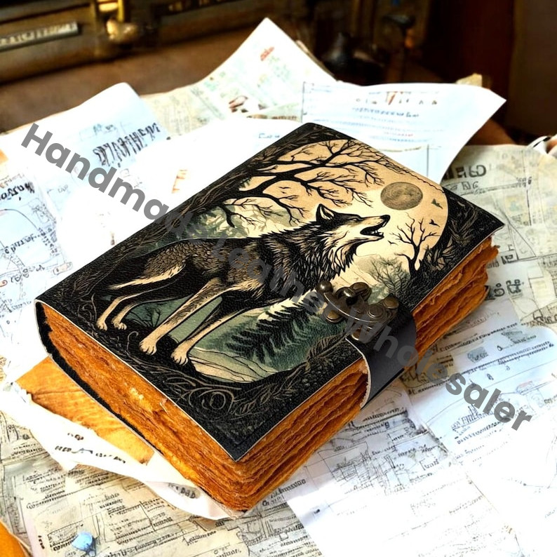 Handmade Wolf Leather Journal | Vintage Grimoire Notebook | Celtic Wolf Moon Journal | Gothic Spell Book | Fantasy Writing Journal Gift.