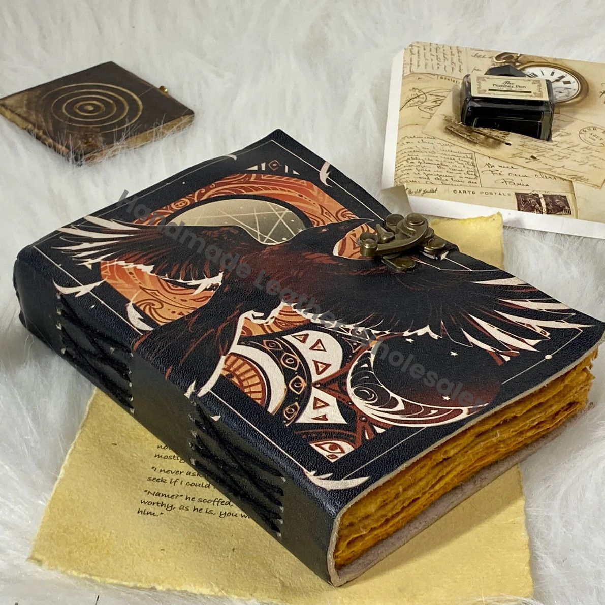 Handstitched Raven Leather Grimoire Journal: Raven Spell Book with Brass Clasp