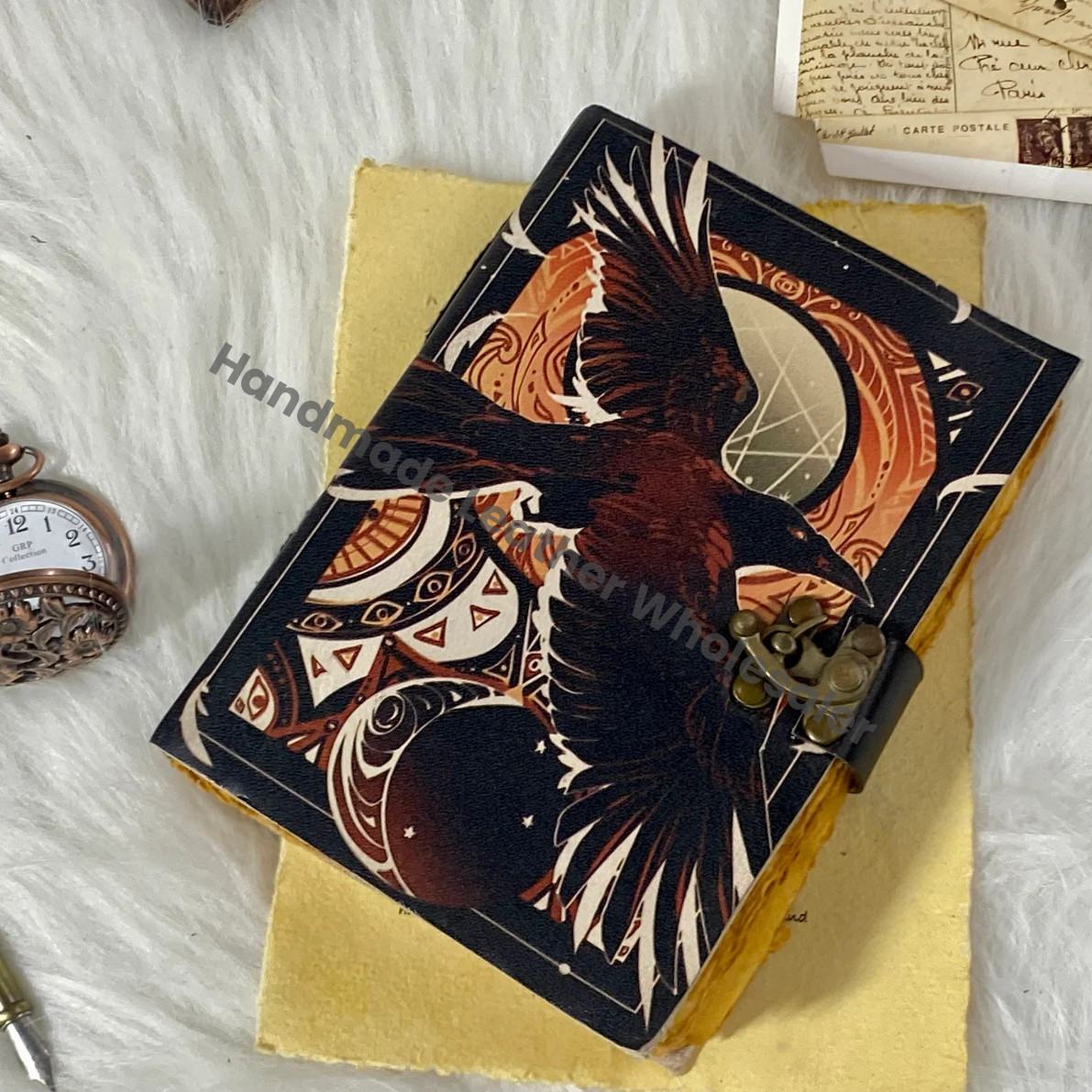 Handstitched Raven Leather Grimoire Journal: Raven Spell Book with Brass Clasp