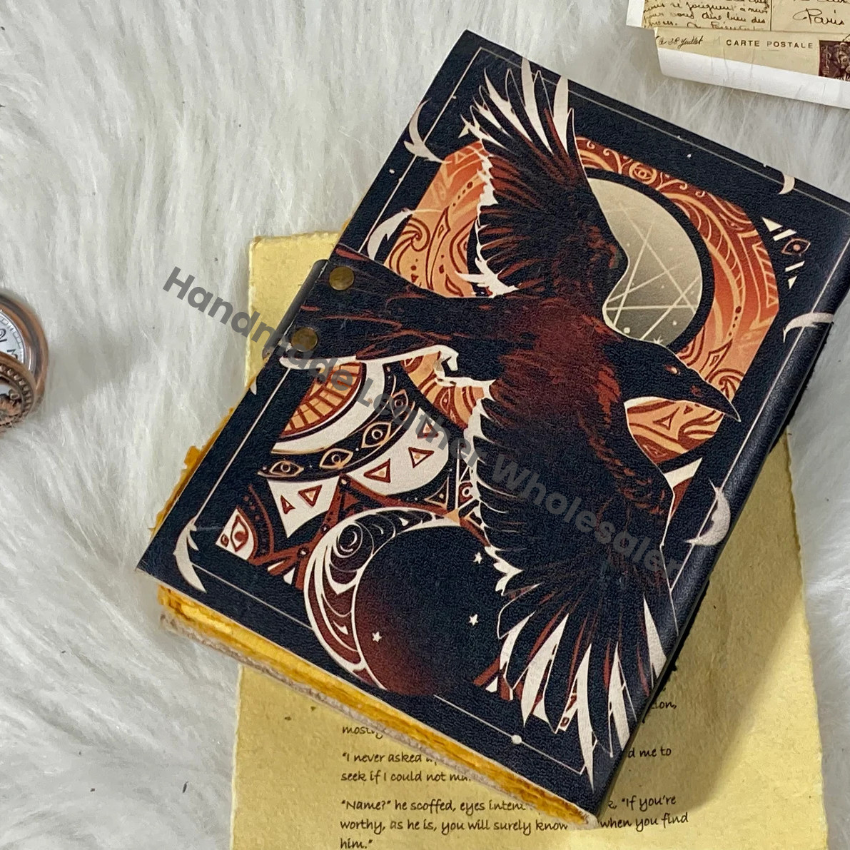 Handstitched Raven Leather Grimoire Journal: Raven Spell Book with Brass Clasp