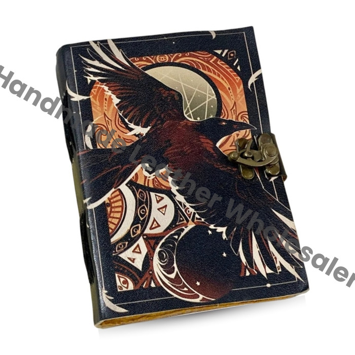 Handstitched Raven Leather Grimoire Journal: Raven Spell Book with Brass Clasp