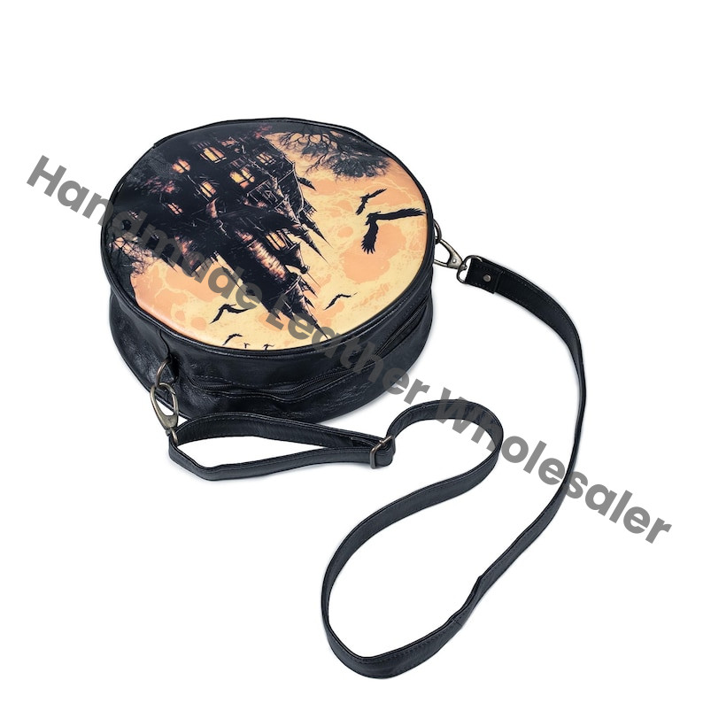 Haunted House Gothic Crossbody Bag Vegan Leather Round Castle Halloween Bag October Pumpkin Spice Gift for Witchy Lovers Handbag
