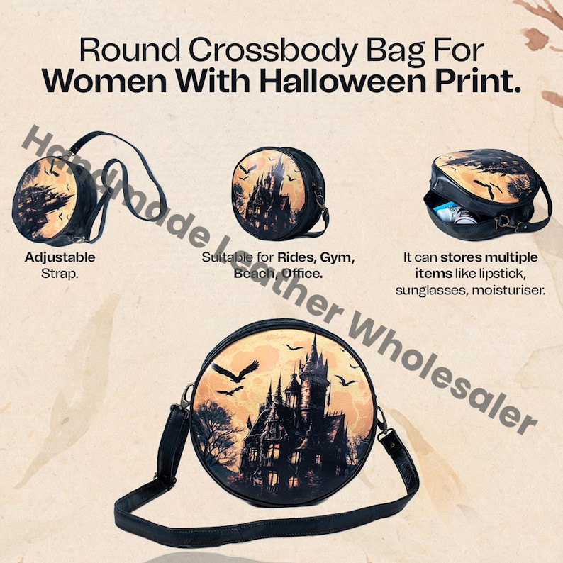 Haunted House Gothic Crossbody Bag Vegan Leather Round Castle Halloween Bag October Pumpkin Spice Gift for Witchy Lovers Handbag