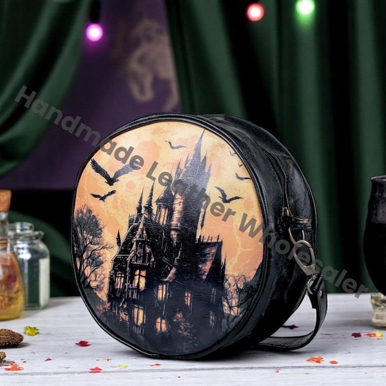Haunted House Gothic Crossbody Bag Vegan Leather Round Castle Halloween Bag October Pumpkin Spice Gift for Witchy Lovers Handbag