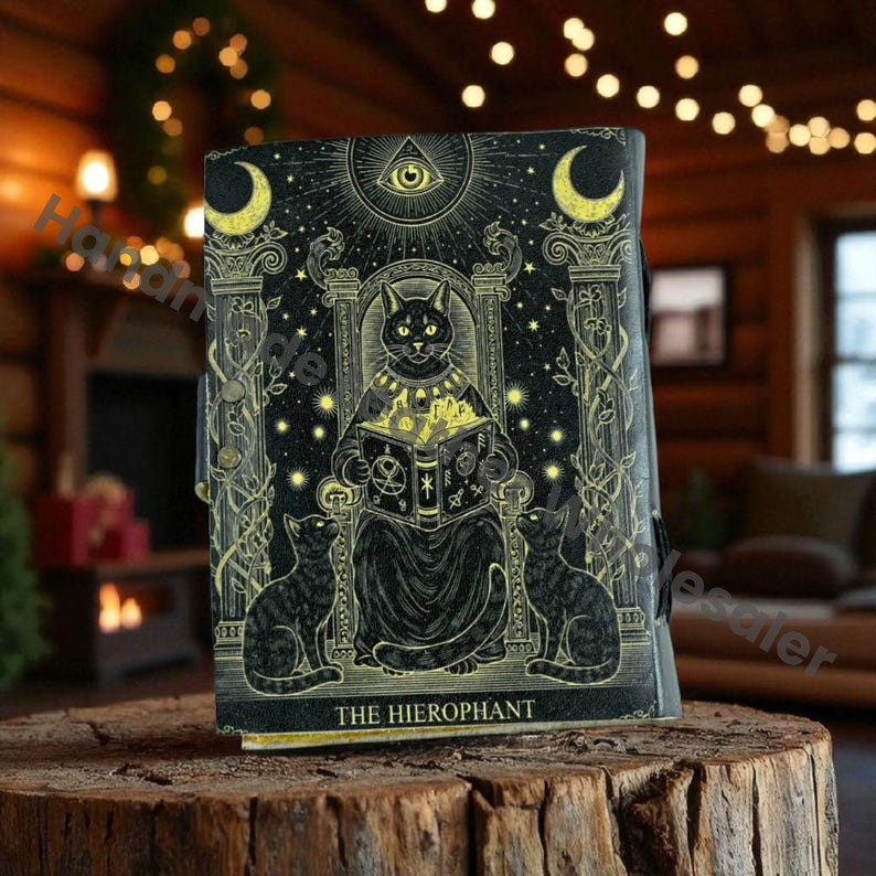 Hierophant Cat Tarot Leather Journal: Witchy Grimoire, Pagan Spell Book