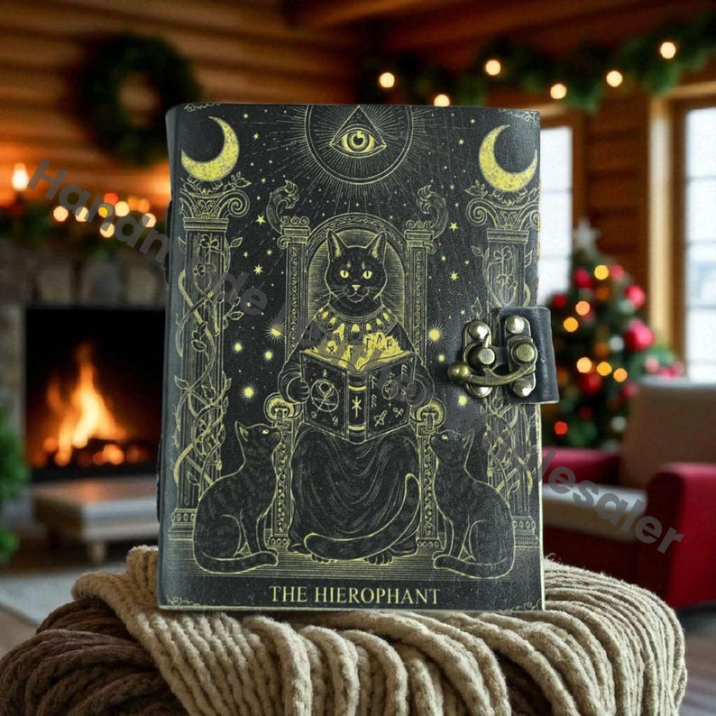 Hierophant Cat Tarot Leather Journal: Witchy Grimoire, Pagan Spell Book