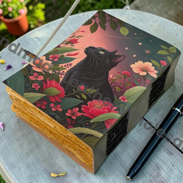 HLW Black Cat Leather Grimoire, Floral Witchy Journal, Vintage Deckle Edge Paper