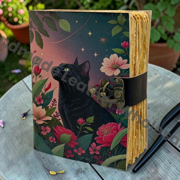 HLW Black Cat Leather Grimoire, Floral Witchy Journal, Vintage Deckle Edge Paper