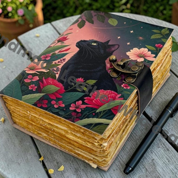 HLW Black Cat Leather Grimoire, Floral Witchy Journal, Vintage Deckle Edge Paper