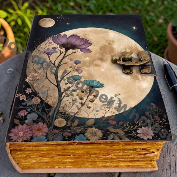 HLW Celestial Moon Leather Journal with Flower, Vintage Grimoire Notebook, Handmade Deckle Paper Diary, Witchy Gift for him her