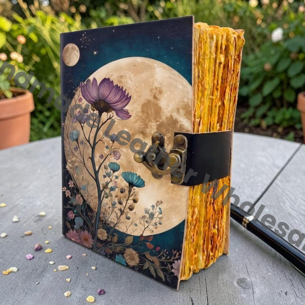 HLW Celestial Moon Leather Journal with Flower, Vintage Grimoire Notebook, Handmade Deckle Paper Diary, Witchy Gift for him her