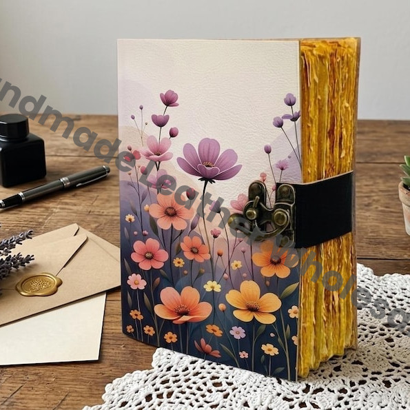 HLW Custom Floral Leather Journal for Women  Personalized Vintage Lock Diary  Handmade Writing Notebook Gift for Mom Her