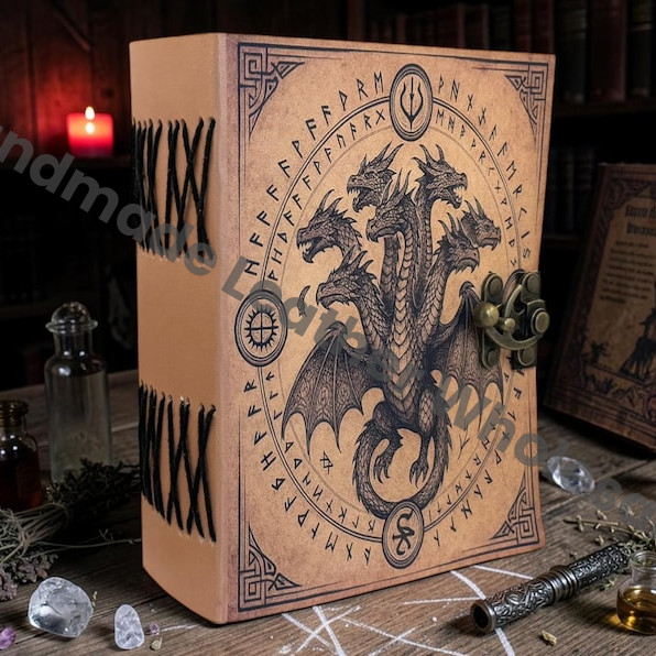 HLW Dragon Leather Grimoire Journal, Gothic Spell Book, Deckle Edge Paper Notebook