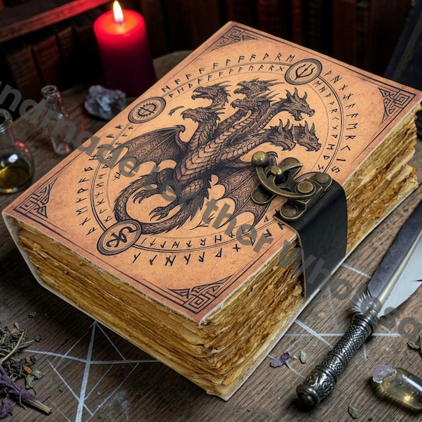 HLW Dragon Leather Grimoire Journal, Gothic Spell Book, Deckle Edge Paper Notebook