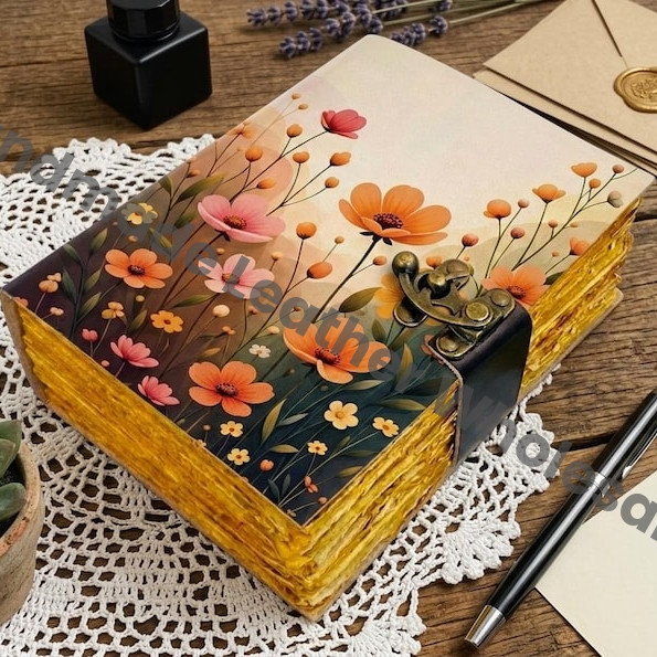 HLW Floral Leather Journal Gift for Her  Personalized Handmade Diary with Lock  Vintage Writing Notebook for Women