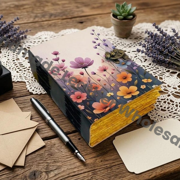 HLW Floral Leather Journal Gift for Her  Personalized Handmade Diary with Lock  Vintage Writing Notebook for Women