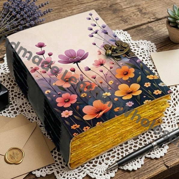 HLW Floral Leather Journal Gift for Her  Personalized Handmade Diary with Lock  Vintage Writing Notebook for Women