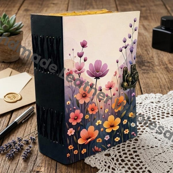 HLW Floral Leather Journal Gift for Her  Personalized Handmade Diary with Lock  Vintage Writing Notebook for Women