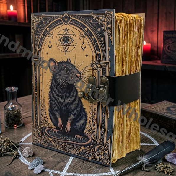 HLW Gothic Rat Leather Grimoire Journal – Witchcraft Spell Book of Shadows, Blank Deckle Edge Pages
