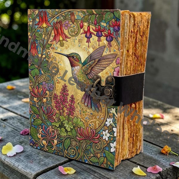HLW Handmade Hummingbird Leather Vintage Journal with Floral Writing Notebook, Nature Diary, Personalized Bird Lover Gift,