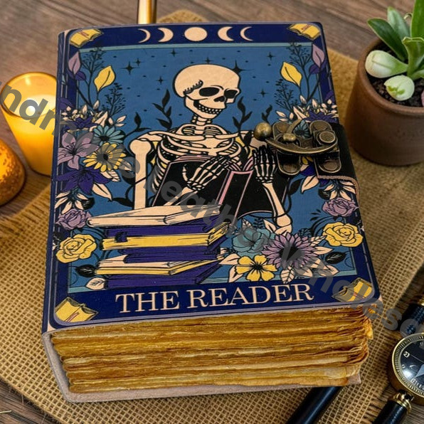 HLW Handmade Leather Grimoire Tarot Journal – The Reader Skeleton Witchcraft , Deckle Edge Paper