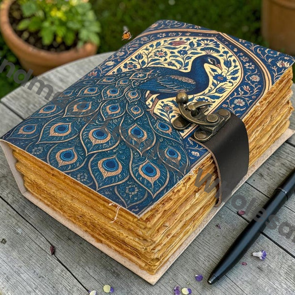 HLW Handmade Peacock Leather Journal Vintage Floral Notebook Deckle Edge Paper Celestial Diary Writing Book Personalized Gift Idea
