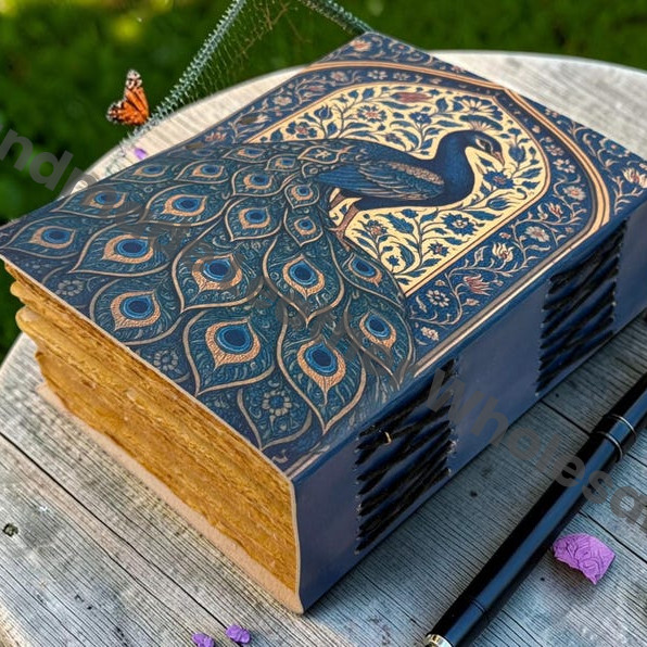 HLW Handmade Peacock Leather Journal Vintage Floral Notebook Deckle Edge Paper Celestial Diary Writing Book Personalized Gift Idea