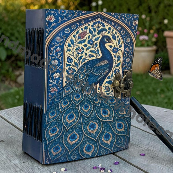 HLW Handmade Peacock Leather Journal Vintage Floral Notebook Deckle Edge Paper Celestial Diary Writing Book Personalized Gift Idea