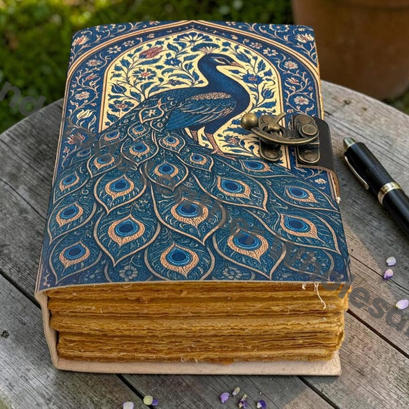 HLW Handmade Peacock Leather Journal Vintage Floral Notebook Deckle Edge Paper Celestial Diary Writing Book Personalized Gift Idea
